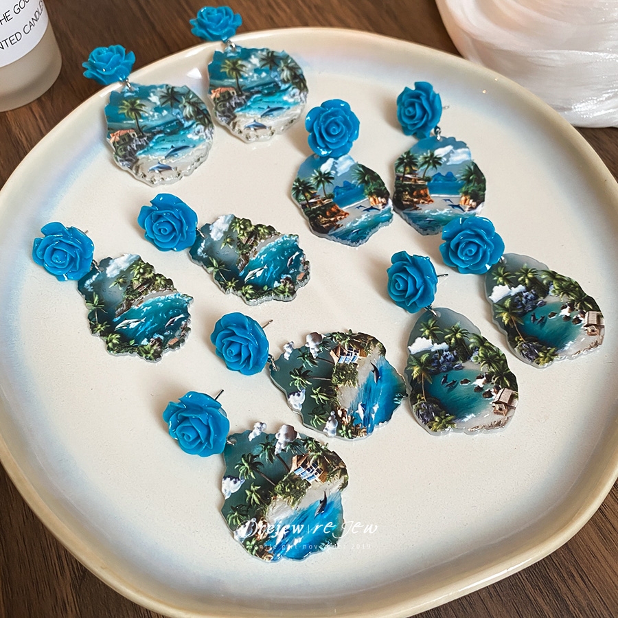 DREJEW 925Silver needle irregular flower print coconut tree earrings seaside vacation style earrings high-end earrings