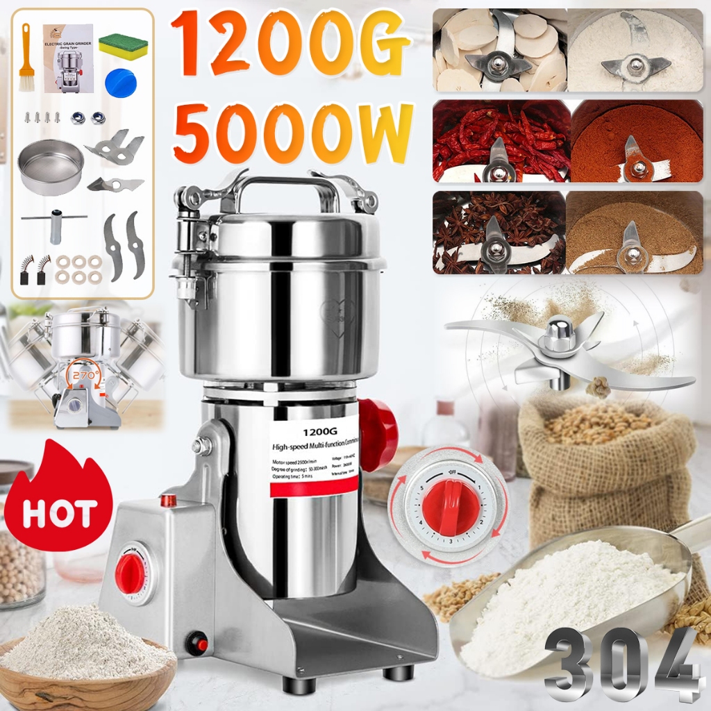 Electric Grain Grinder Mesin Pengisar Rempah Serbuk Kisar Cili Kering Food Processor Big Capacity 1200G Stainless Steel Commercial & Home Use Food Grinder Pengisar Kering Pengisar Serbuk For Herbs/Spices/Nuts/Beans 磨粉机