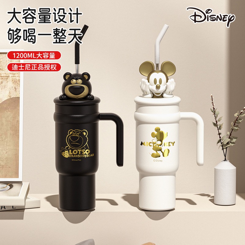 Disney Mickey Strawberry Bear Thermos Bottle with straw｜big mac Ice cup Tumble 900ml｜Stainless Steel Kids Water Bottle｜Cute Cartoon thermos bottle｜BPA Free & Leakproof (Stanley/Owala Style) - Candy Color Vacuum Flask｜Ice Retention Tumbler bottle