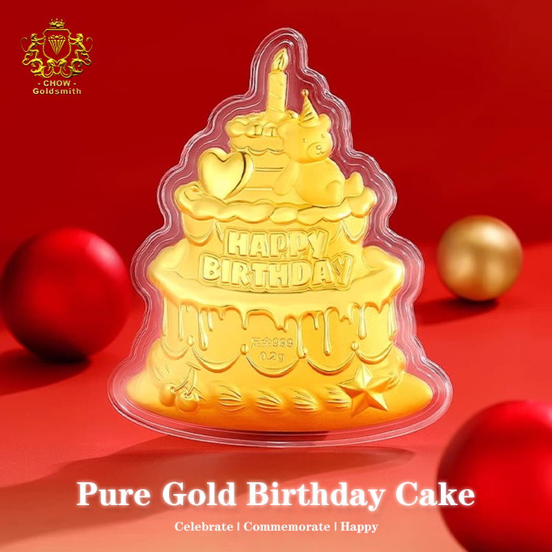【CHOW Goldsmith】999 Pure Gold 0.2g Birthday Cake Gold Bar Gift Box