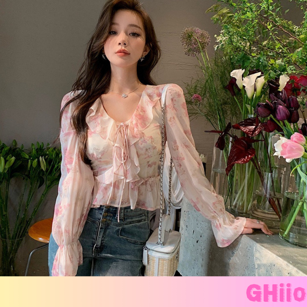 ?GHIIO? [ready stock in Malaysia] Blouse Women French floral top long sleeve neckline peplum short style baju perempuan