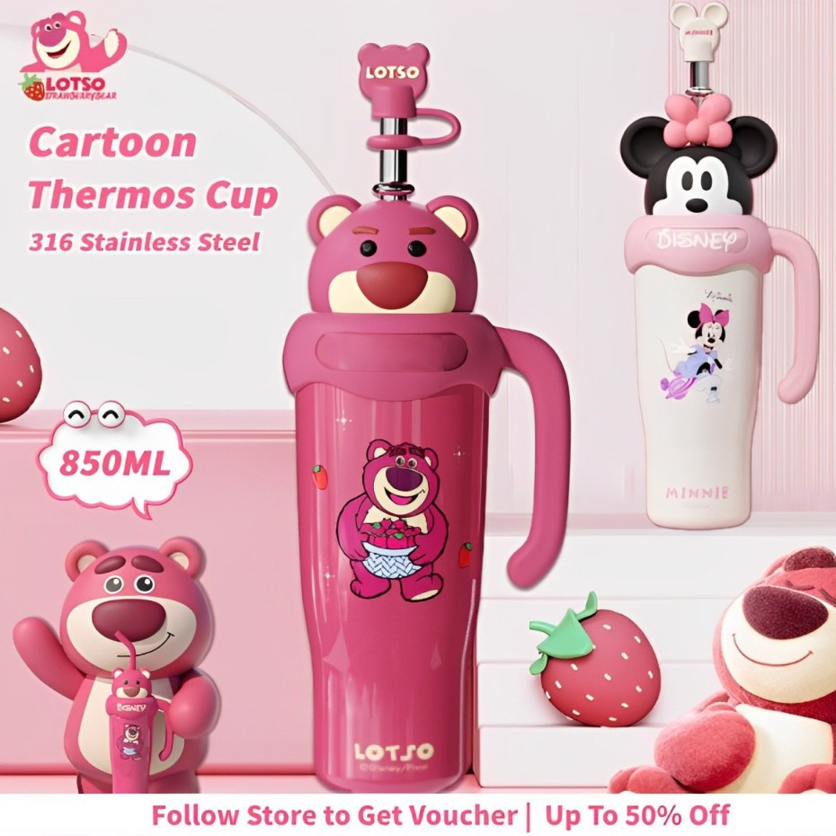 Cartoon Thermos Cup 850ml With Straw Lid Stainless Steel Large Capacity Handle Straw Cup Strawberry Bear Water Bottle With Straw Tumbler