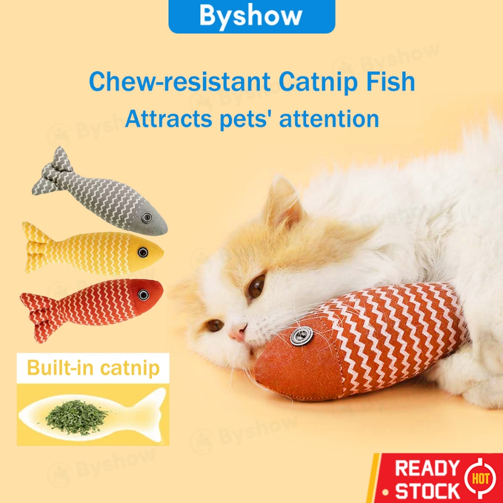 【Byshow】Cat Toy Fish Teeth Grinding Toys Teasing Stick Self Happy with Kitten fish pillow Catnip Antibacterial Fabric Pemainan Kucing Bantal Ikan Tahan Gigitan Rekaan Ikan Realistik untuk Stress Relief Pembersihan Gigi Kucing