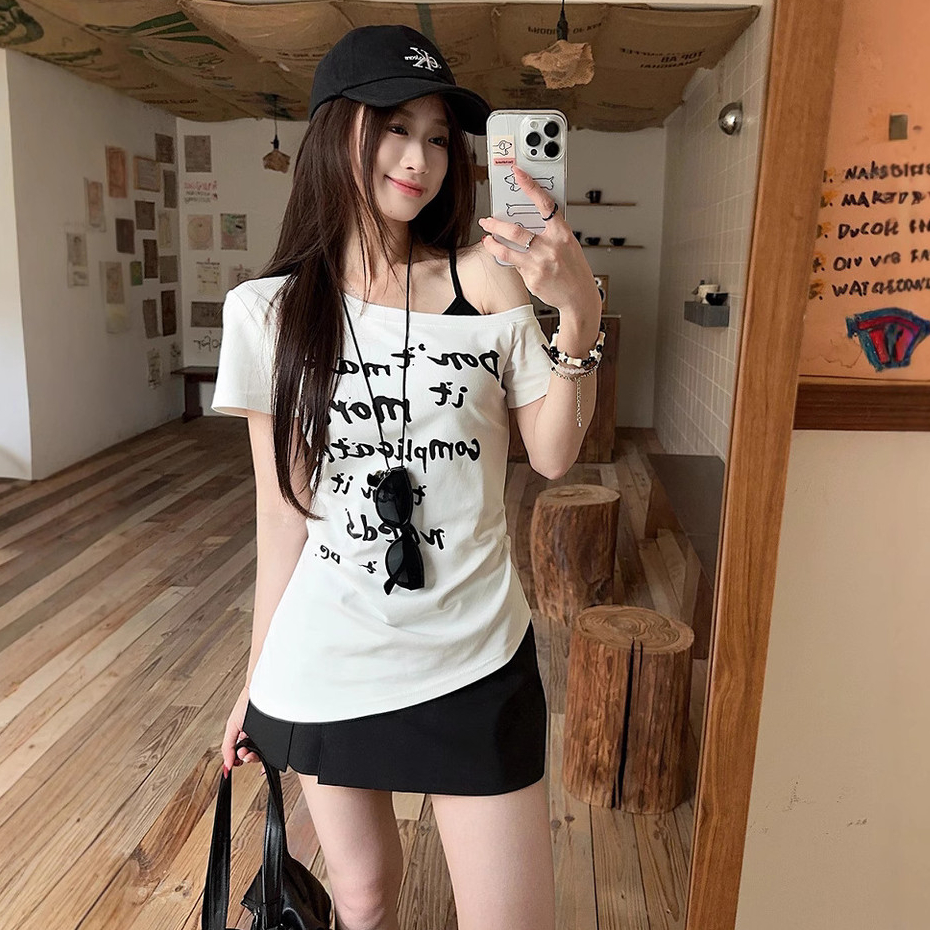 【WJZ】Women's Korean summer sexy off-shoulder letter print short-sleeved T-shirt【P31】
