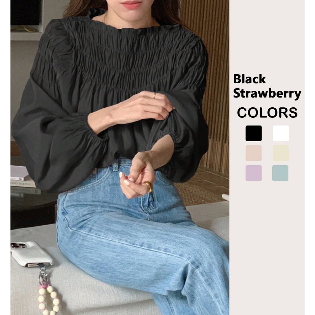 【BlackStrawberry】Solid Color Pleated Long Sleeve Pullover Shirt Fashion Top