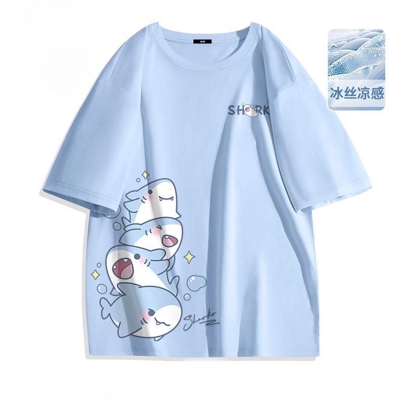 Summer Ice Silk Blue Top Youth Breathable Half Sleeve Large Loose Tee Men's Cute Shark Cartoon Print Short Sleeve T-shirt