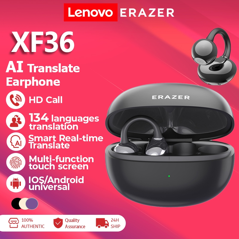 Lenovo ERAZER XF36 AI translation headphones clip-on AI headphones Bluetooth 6.0 headphones AI real-time translation translate 134 languages IPX5 sports hifi sound quality comfortable to wear