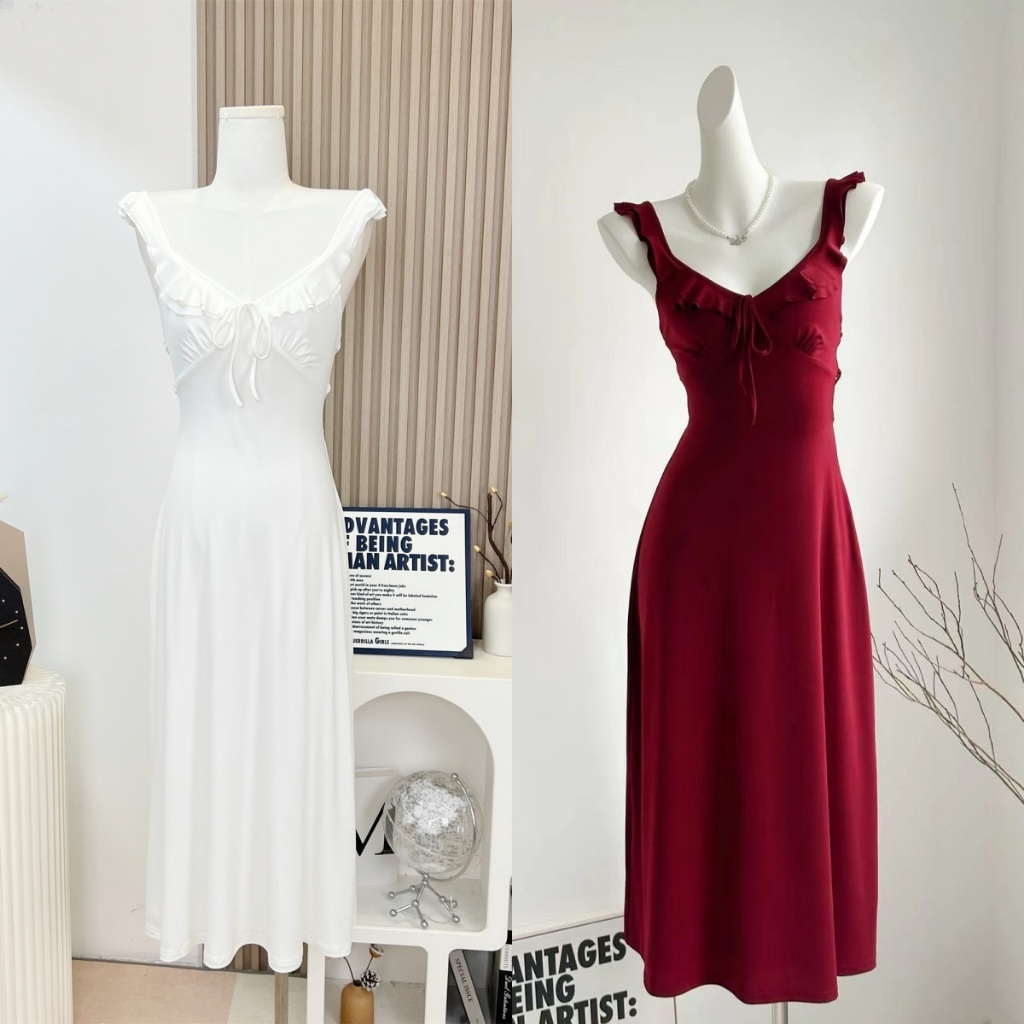 ✨【READY STOCK】Bella Women'S French Suspender Long Dress Backless Beach Vacation Dress Slim Style