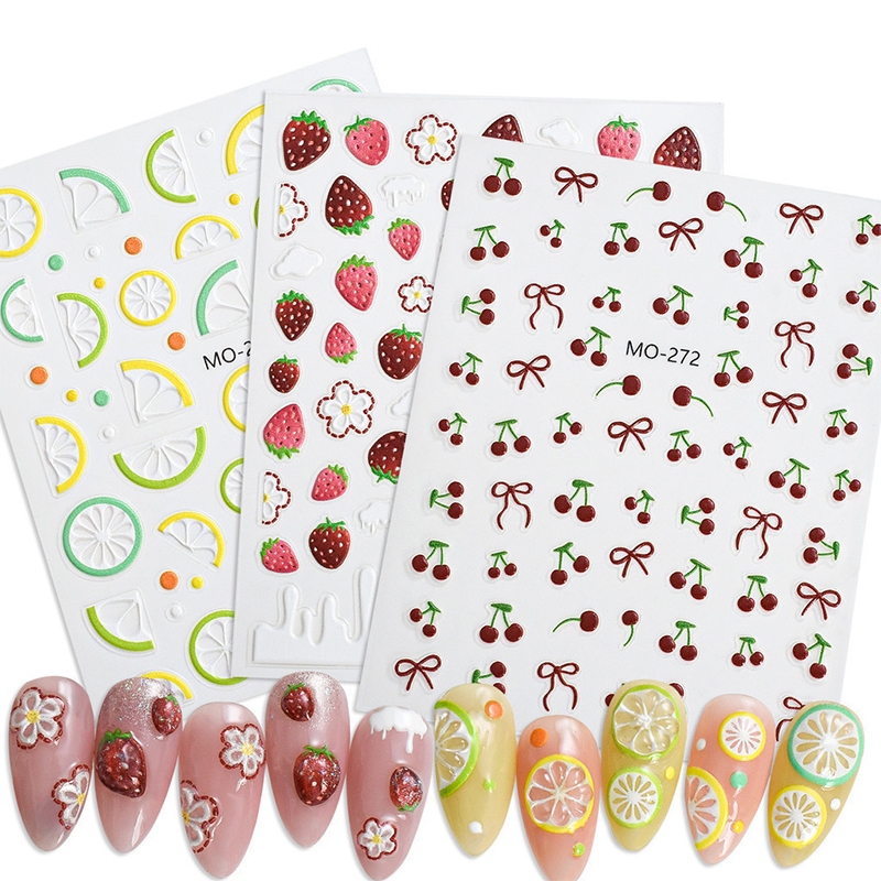 3D Relief Fruit Nail Stickers Embossed Strawberry Lemon Cherry Self Adhesive Nail Art Sliders Decals Engraved DIY Manicure Tools