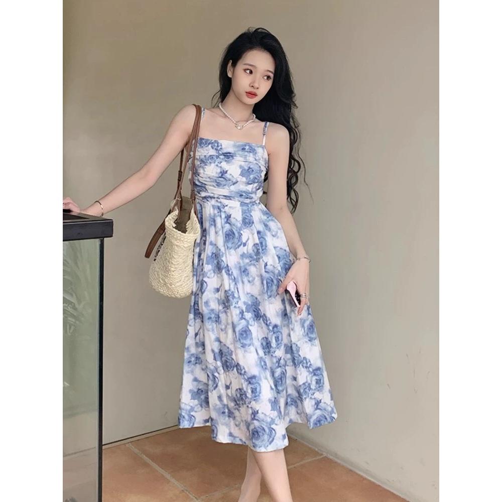 baby blue dress women korean style gown dress women plus size casual chiffon summer floral dress sleeveless halter