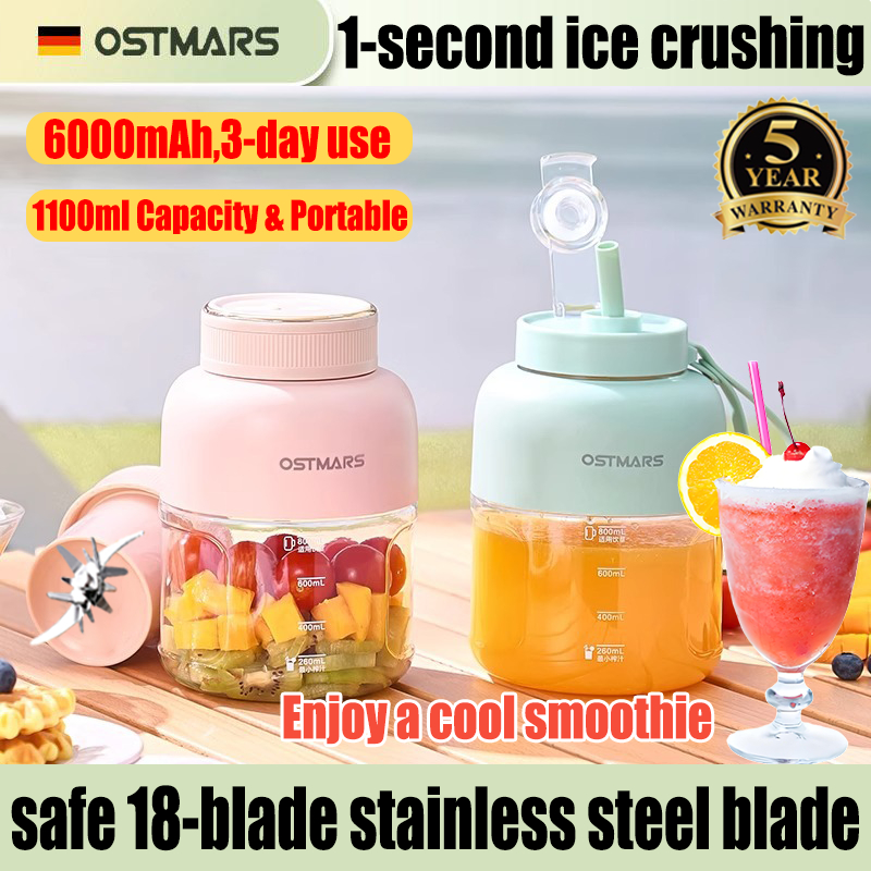 OSTMARS 1100ML Portable Juicer Blender 18 Blades Blender Mixer Wireless Juice blender Ice Crusher Cup 2 in 1 USB Charging Fully Automatic Ice Crushing Mini Household 携式 迷你榨汁机 攪拌杯 果汁機 水果機 搅拌机 榨汁杯