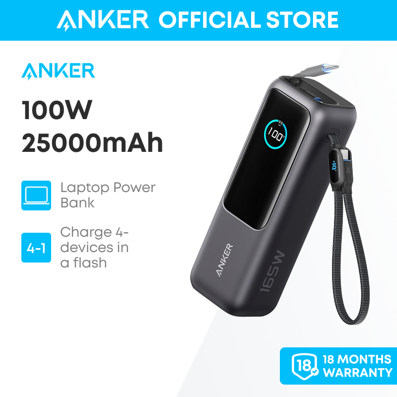 Anker Laptop Power Bank 25,000mAh Portable Charger with Triple 100W USB-C Ports for Multi-Device Charging, Built-In and Retractable Cables