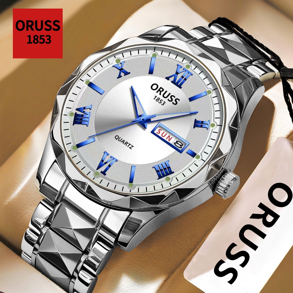 ORUSS Original Men Stainless Steel Dual Calendar Luxury Luminous Waterproof Watch Analog Business Fashion Korean Automatic Quartz Wrist Watch For Men Jam Tangan Lelaki
