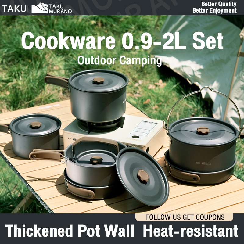 TAKU Family Camping Cookware Set 0.8MM Cookware Utensils alat memasak perkhemahan Max-4.2L Outdoor Picnic Kit Nonstick Pan Pot Kettle Teapot Luar