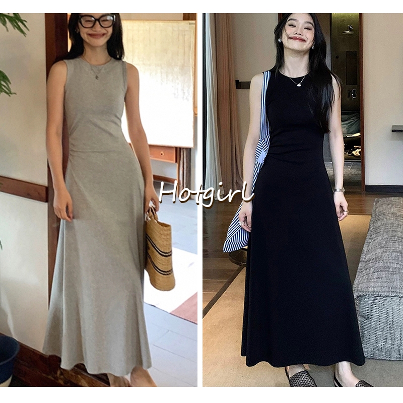 【READY STOCK AT Johor】 Hotgirl⭐Women's round neck sleeveless dress slim waist black long dress