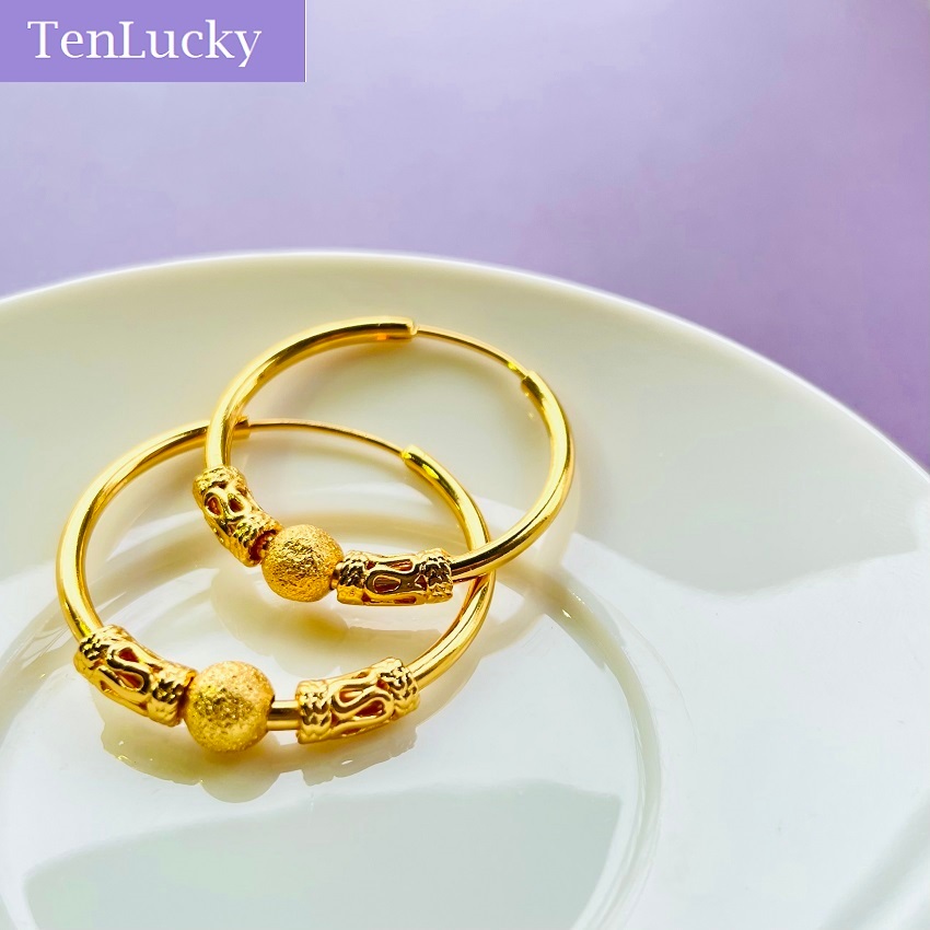TenLucky Eco-friendly Allergy Free High-end Fashion 916 Gold Plated Color Bead Round Convex Circle Statement Hoop Earrings Jewelry with Box for Women Gifts for Valentine's Day Wed