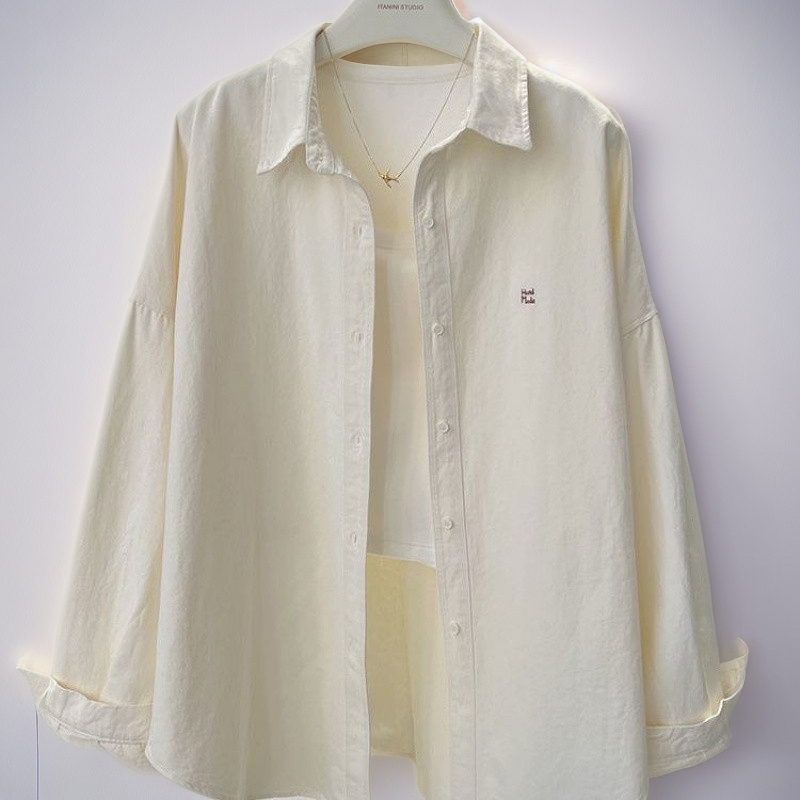 Embroidery Blouse Women Simple Formal Office Loose Casual Long Sleeve Baggy Elegant Classy Ironless Ladies Shirt Top Apricot Baju ootd Kemeja Lengan Panjang Perempuan Wanita Terkini Murah Cantik Aprik