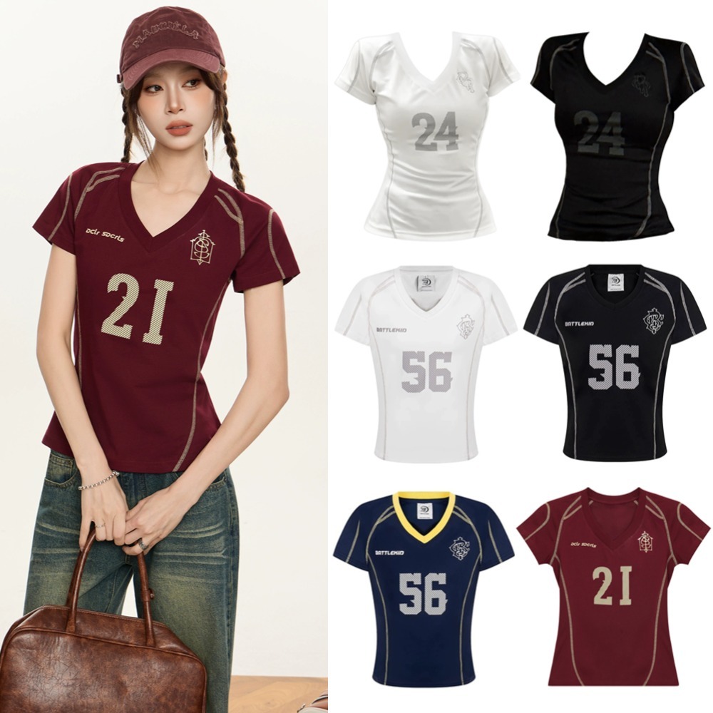 Babytee Korean Style Y2K Crop Tops For Women V-neck Slim T-Shirt NO.24/56 American Retro Short Sport JERSEY GIRL FRIEND MIX Street Wear For Girls Hot Trend 2025