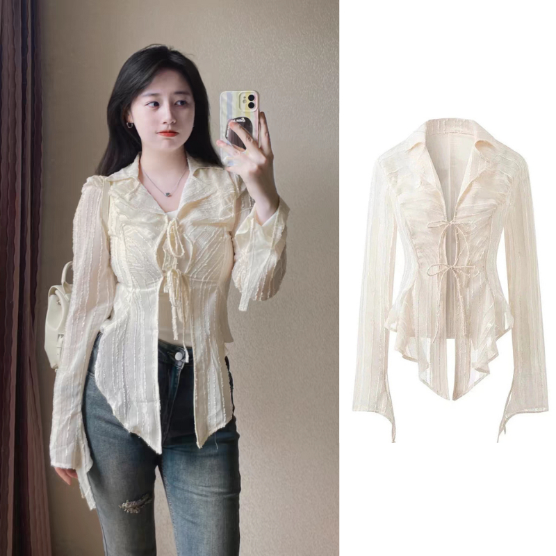 Korean style women ladies loose chiffon ruffle irregular lace-up long sleeve shirt blouse shirt women shirt
