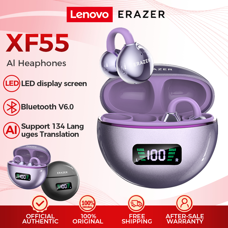 Lenovo ERAZER XF55 AI Translator Earbud Ear Clip Earphone Bluetooth 6.0 Al Smart Real-Time Translation Bluetooth Earphone With LED Display Sport Headset HiFi Stereo Wireless Earbuds