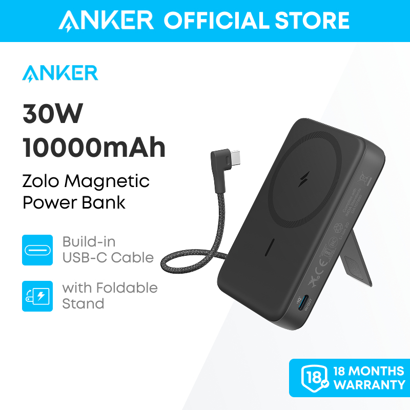 Anker by Zolo Power Bank 30W Wireless Magnetic 10,000mAh Portable Power with Build in Cable-A1685