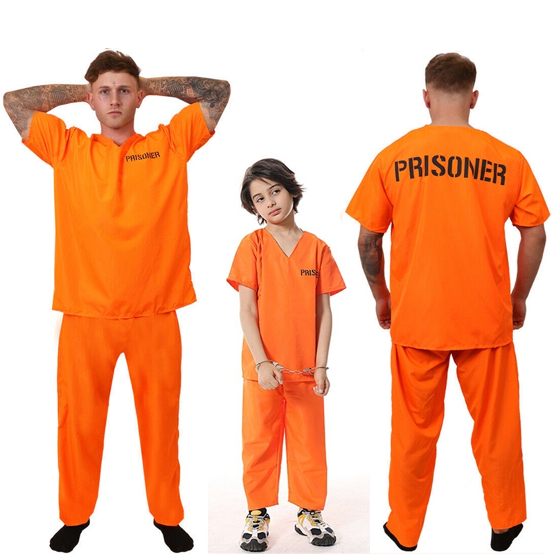 Adult Kid Orange Prison Uniform Cosplay Costume Letter Print Short Sleeve Carnival Party Cosplay Jail Outfit Playsuit for Men Women Kid