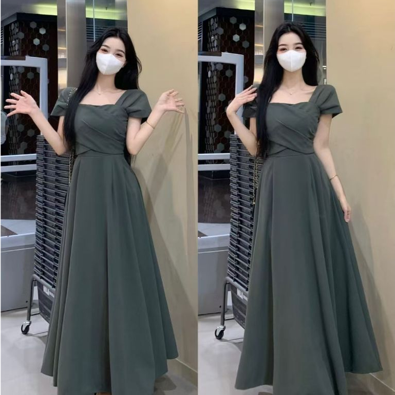 (M-4XL) Retro Hepburn Style Commuting A-Line Skirt with Square Neck Short Sleeved Dress