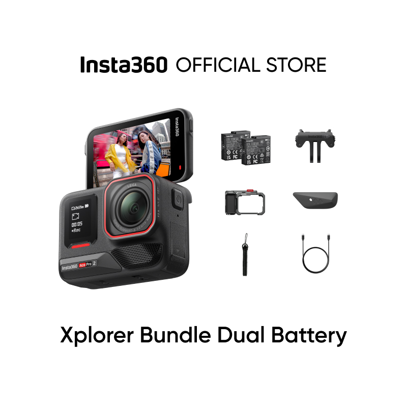 Insta360 Ace Pro 2 Dual Battery Xplorer Bundle - 8K Waterproof Action Camera Co-Engineered with Leica, 1/1.3" Sensor, Dual AI Chip, Leading Low Light, Superior Audio, Flip Screen &