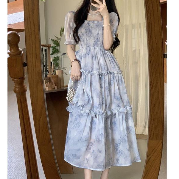 Blue Traditional Korean Style Princess Dress - Elegant Floral Design, Plus Size Available, Perfect for Dinner and Summer Casual Wear