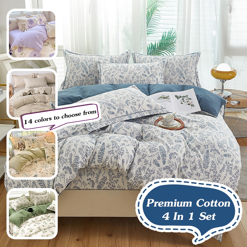4 In 1 Premium Cotton Fitted Bedsheet Set (Cadar Murah Hebat) & Quilt Cover High Quality Single/Super Single/Queen/King Size With 2 PCS Free Pillow Case Cadar Bergetah Keliling!!!