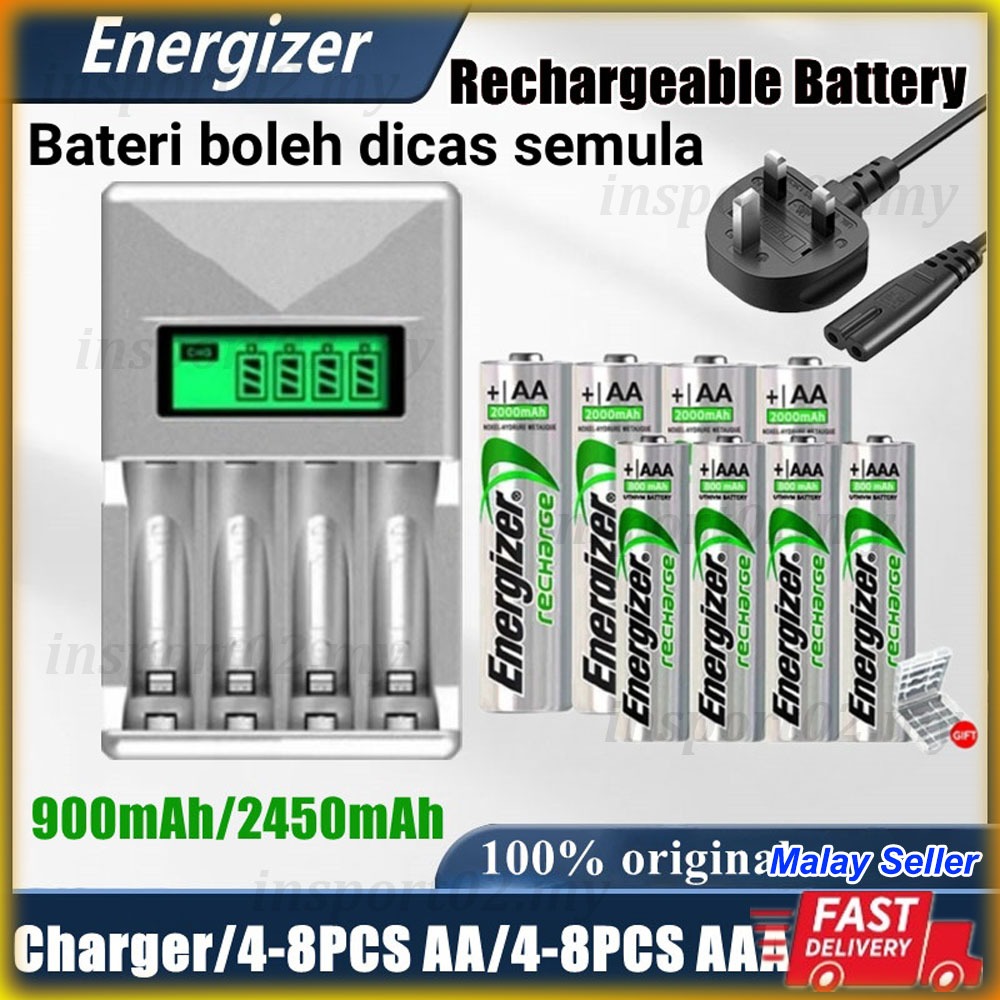 4-8PCS Energizer AA/AAA Rechargeable Battery 900mAh 2450mAh with Storage Box, Universal 4 Slots LCD Display Smart NI-MH Battery Charger UK Plug Power Adapter