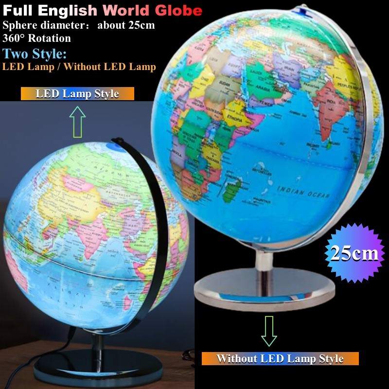 [Warrior2] 20/25/32cm World Globe Earth 360°720° Rotating Metal Base Globes School Geography Teaching Supplies Luminous English Globus Erde