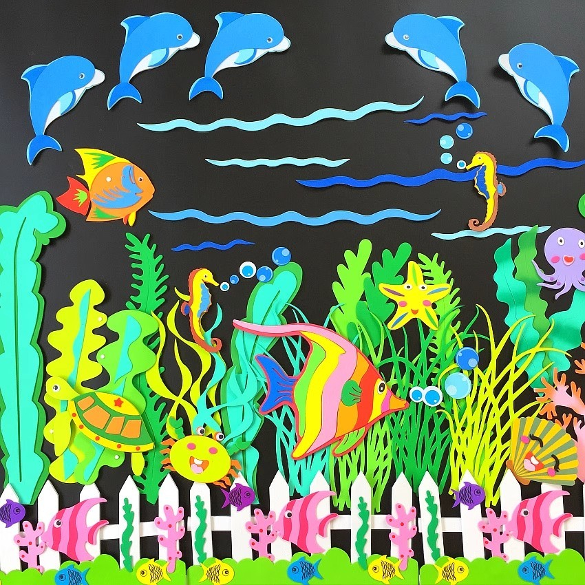 EVA foam craft 3D marine theme cartoon tropical fish wall sticker Kartun Hiasan Dinding Tadika kindergarten environment layout classroom wall sticker family school decoration Hiasan tema lautan