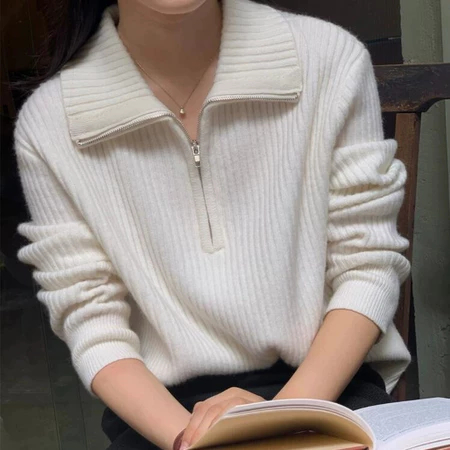 ?GHIIO? [ready stock in Malaysia] Korean Style Women Fashion Zipper Long Sleeve Knitted Sweater Loose and Versatile Outwear Top
