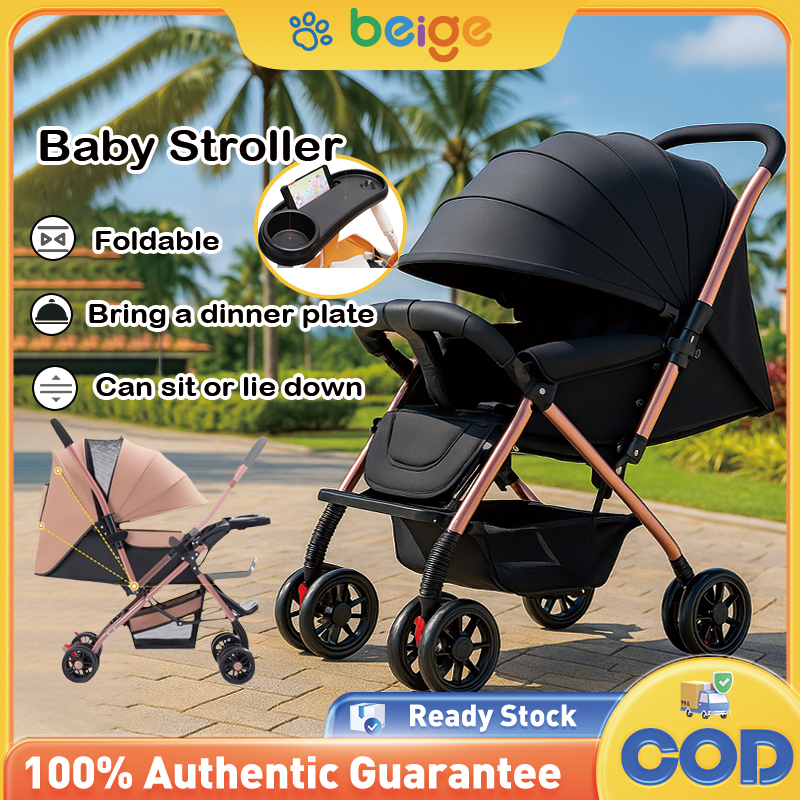 Beige Foldable Two-Way Max 80kg Lightweight Versatile Kids Sit&Lie Baby Stroller With Umbrella餐盤推車