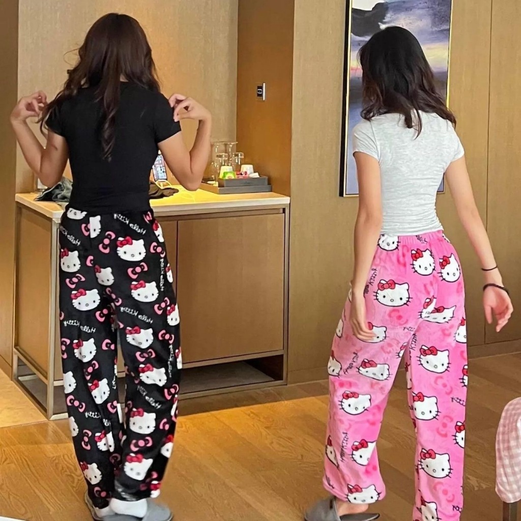 Hello Kitty Pajama Pants Kawaii Cat Pants Women Warm Casual Pants Autumn Winter Soft Plush Flannel Trousers Coral Velvet Britches Girls Pants