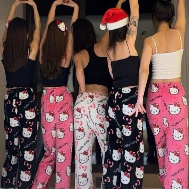 Hello Kitty Pajama Pants Kawaii Kt Cat Women Warm Casual Pants Autumn Winter Soft Plush Trousers Coral Velvet Britches Girls Pants