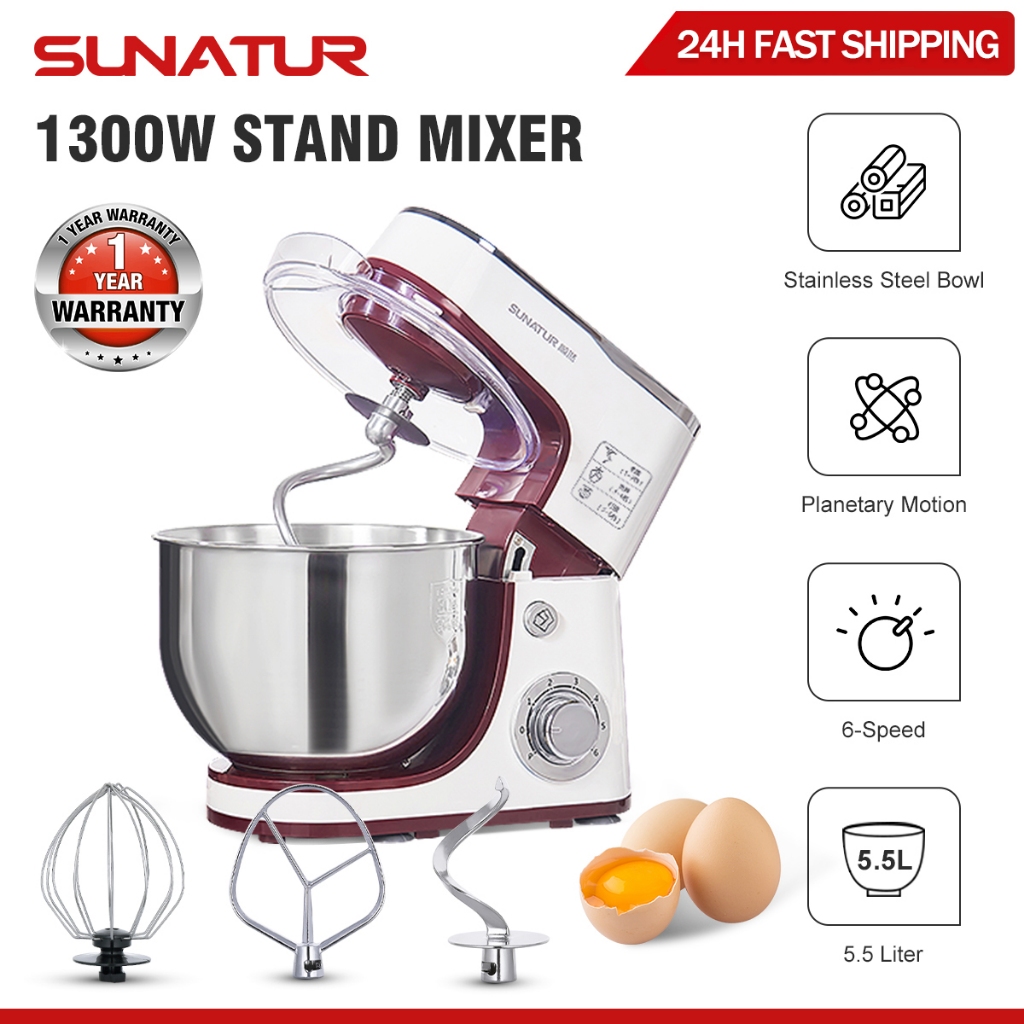 Pengadun Berdiri SUNATUR 1300W Pengisar Dapur Mangkuk 5.5L Mesin Chef 6-Kelajuan Palam Tempatan Malaysia 3-Pin E-1063A / E-1063C