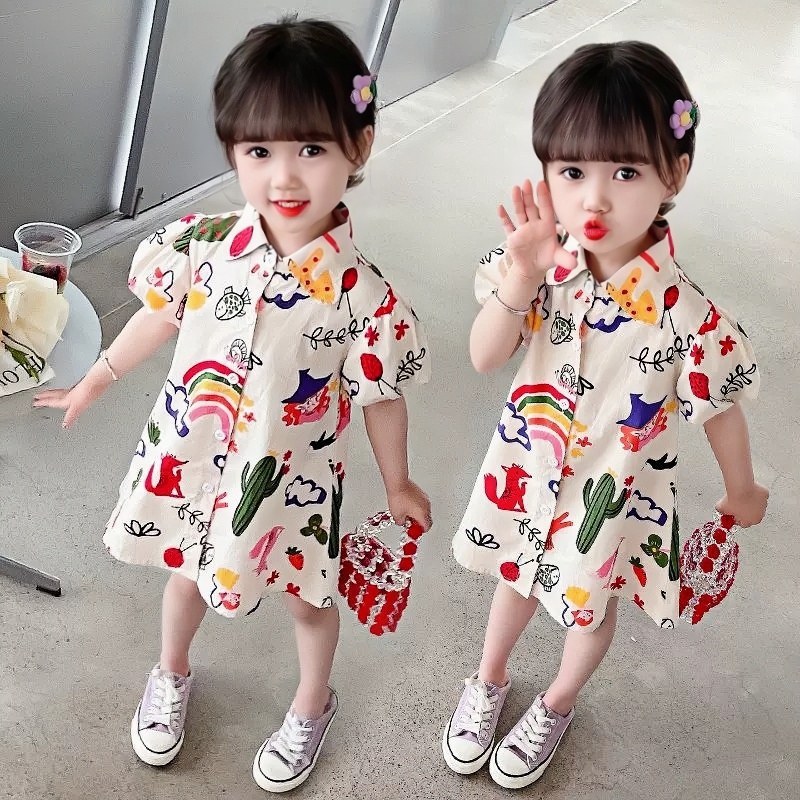 1-9 Tahun Gaya Korea Cartoon Princess Dress Baby Girl Gaun Lengan Pendek Rainbow Blouse Dress