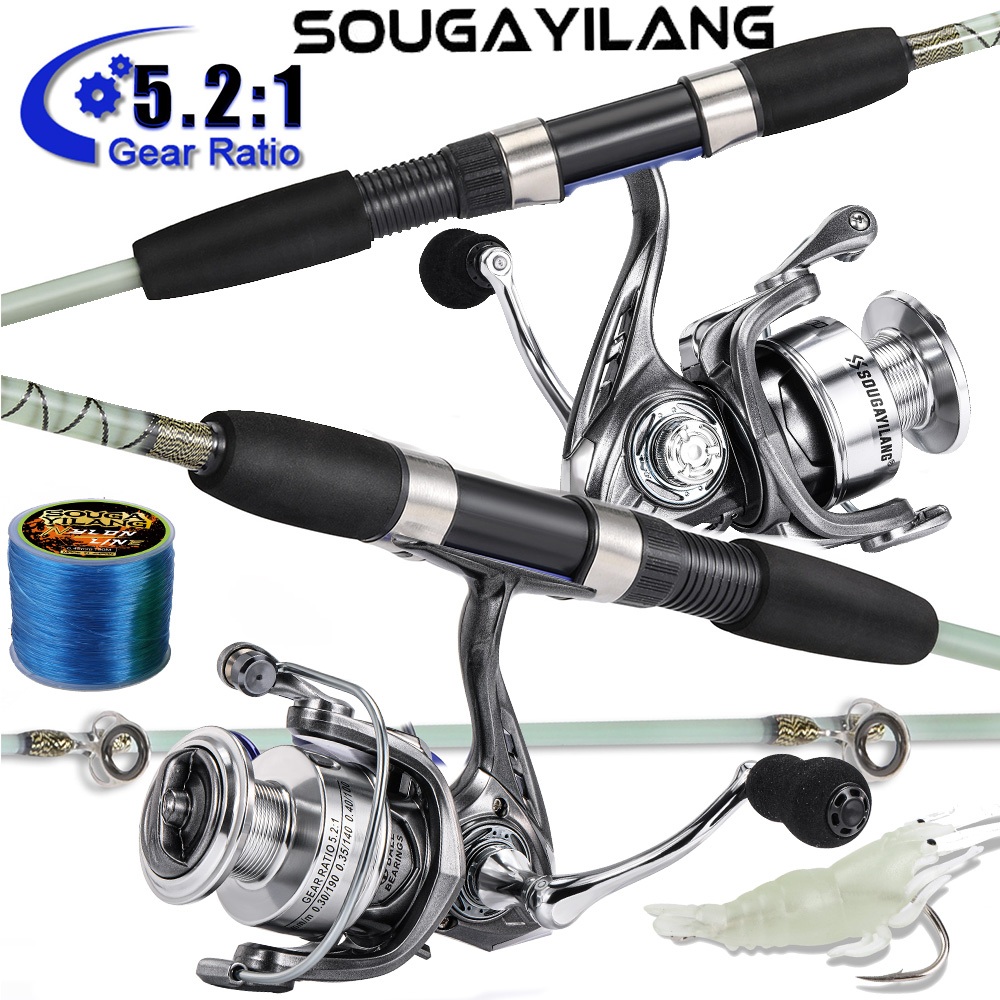 Sougayilang solid fishing rod set 2 sections 1.2 -2.1m solid fishing rod  with 5.2:1 High Speed 1000-4000 reel Combo Set