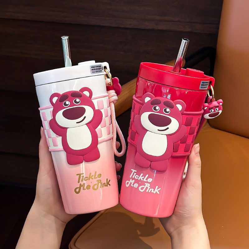 big mac Tumble coffie cup ｜Strawberry Bear Thermos bottle 650ml with straw | Stainless Steel Kids Water Bottle with Straw | Cute Cartoon Tumbler, BPA Free & Leakproof (Stanley/Owala Style) - Candy Color Vacuum Flask，Ice Retention Tumbler bottle