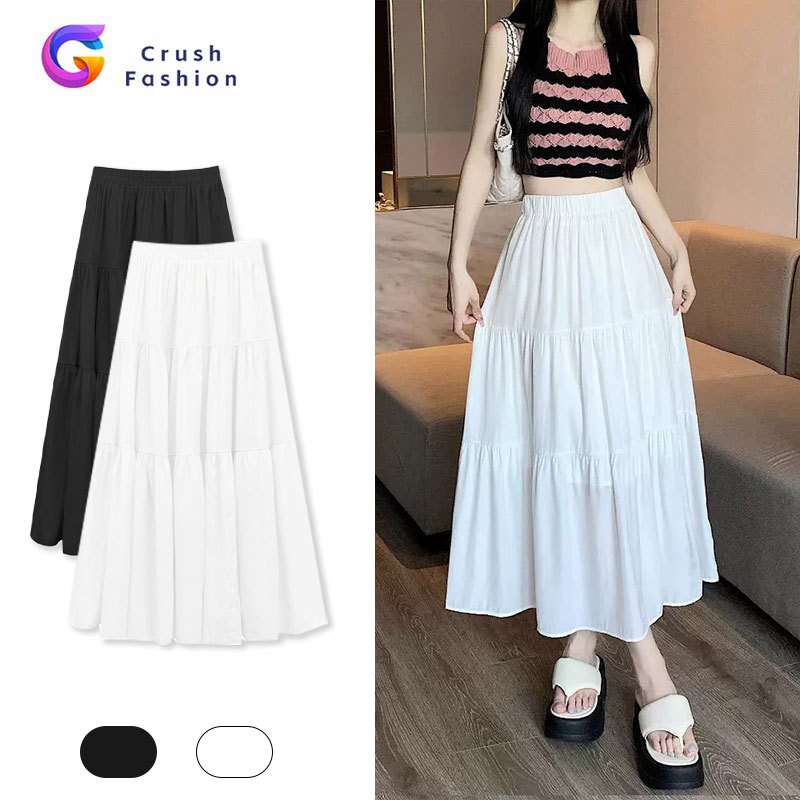 Crush Fashion Elastic Waist A-Line Skirt Ruffle Pleat Summer Maxi Skirt Basic Minimalist Casual Skirt for Women