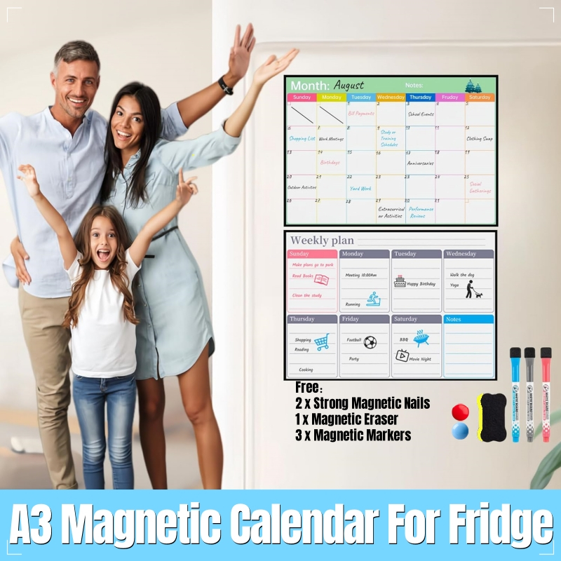 A3 Magnetic Calendar Whiteboard for Fridge - Weekly/Monthly Planner with 3 Markers + Eraser & 2 Magnets | Family Organizer, Refrigerator Bulletin Board
