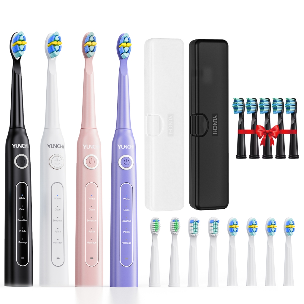 YUNCHI Electric Toothbrush Brush Adult USB Recharging Waterproof Teeth Whitening 1Case 8 Brush Heads