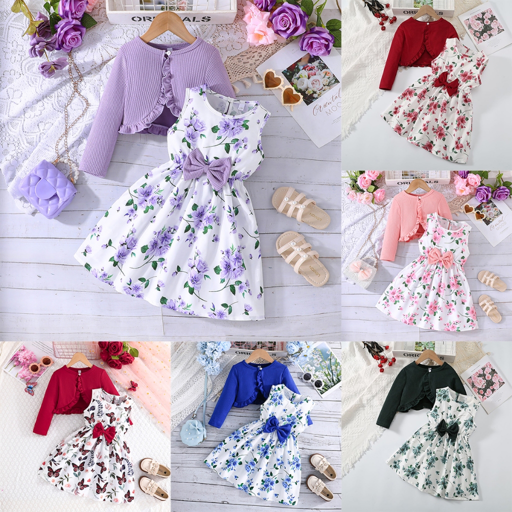 Ready Stock Selangor Baju Raya Girls Outfit Set 2-8T Cardigan & Sleeveless Floral Dress with Bow Baju Kanak-Kanak Perempuan Budak Perempuan Warna Pink Purple Blue
