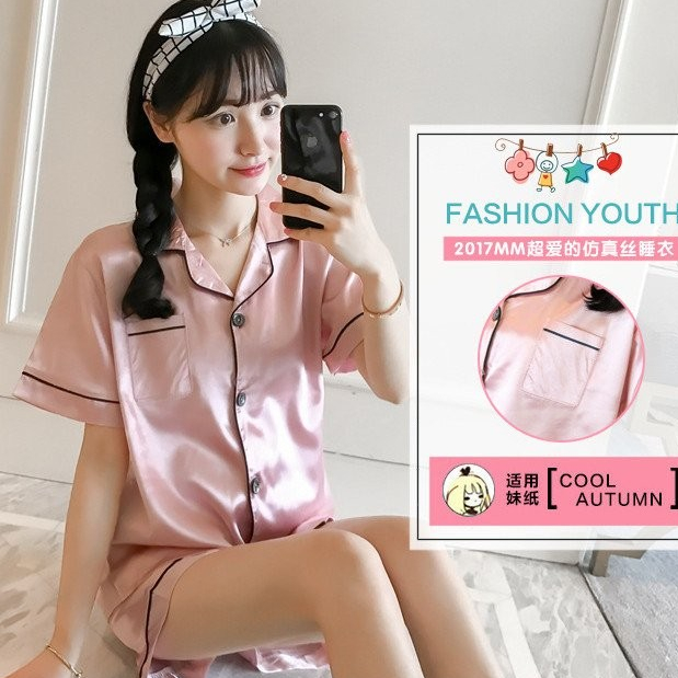 Plus Size M-5XL Women Summer Simulation Silk Short-Sleeved Two-Piece Suit Pajamas Thin Style Ice Silk Loungewear