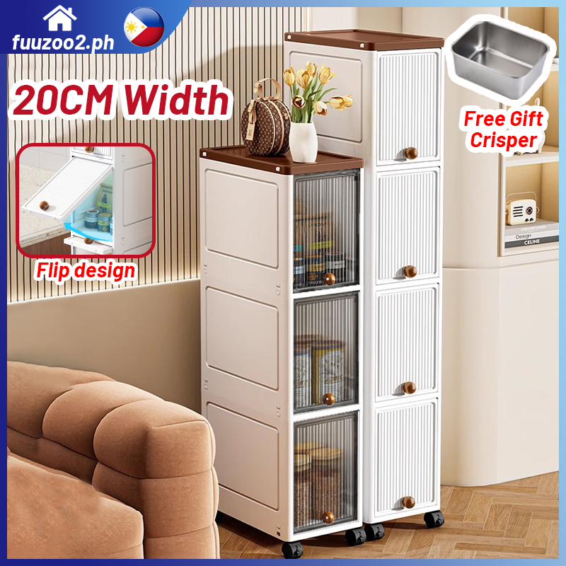 L20cm Narrow Storage Cabinet with door Slim Plastic Kitchen Cabinet Moving Rack Bathroom Cabinet Multi-Layer Compartment Storage Drawer Gap Plastic Cabinet