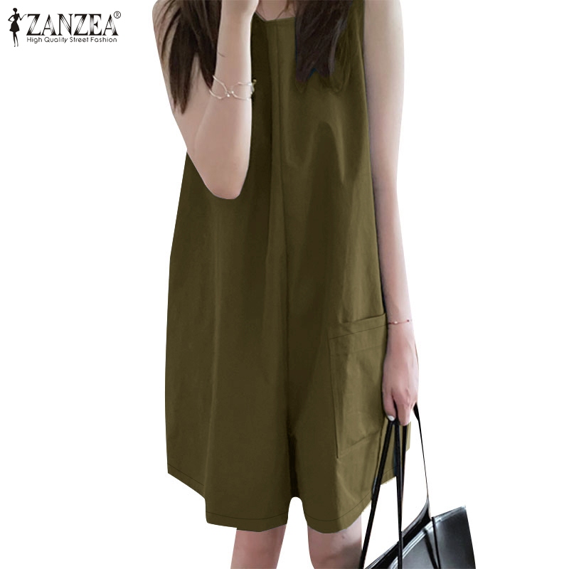 ZANZEA Women Korean Vintage Casual Loose Solid Color Sleeveless Short Jumpsuits