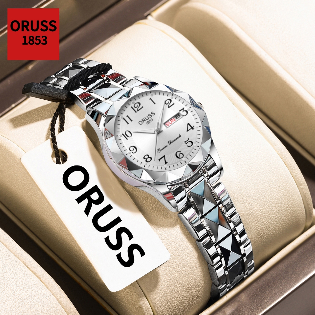 ORUSS Original Women Dual Calendar Luxury Stainless Steel Silver Waterproof Luminous Small Watch Analog Fashion Korean Automatic Quartz Wrist Watch For Women Jam Tangan Perempuan