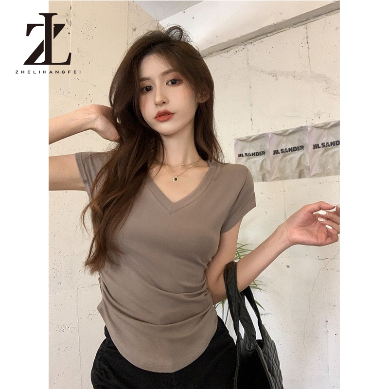 ZHELIHANGFEI Women's Fitted 9901 V Neck Solid Color Short Sleeve Cotton T-Shirt Crop Top Fabric Comfortable and Soft